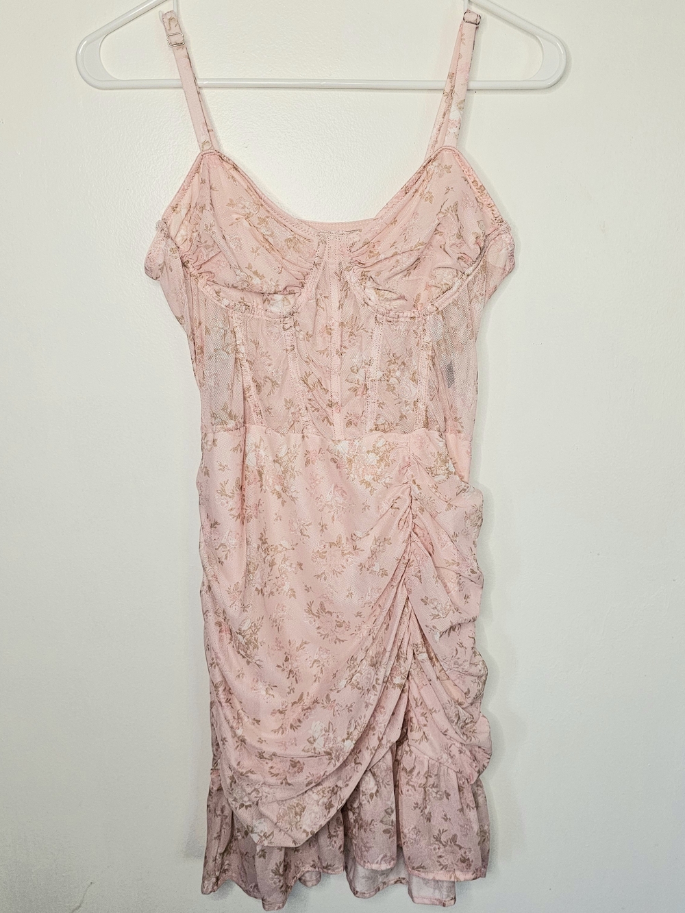 Pink Floral Corset Sheer Mesh Ruched Mini Dress Size Large Cottagecore Coquette